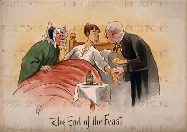 A patient poking out his tongue and having his pulse taken by a physician, c1895. Creator: Martin Anderson.