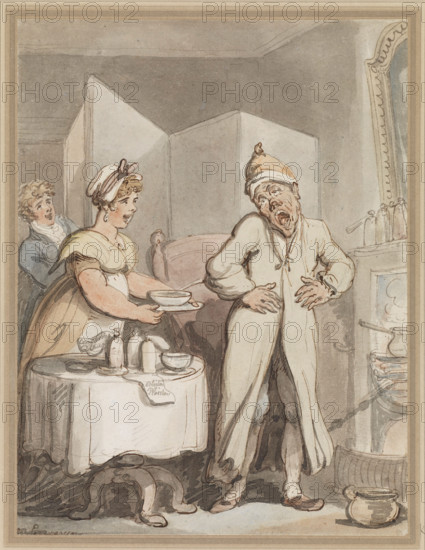 A man in pain receiving medicines from a housemaid, c1800s. Creator: Thomas Rowlandson.