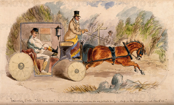 A doctor changing into hunting clothes in his carriage, on his way to a hunt meeting, 1859. Creator: John Leech.
