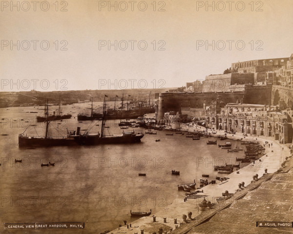 Malta: view of Grand Harbour and buildings along Barriera wharf towards Fort Lascaris and..., c1881. Creator: Horatio Agius.