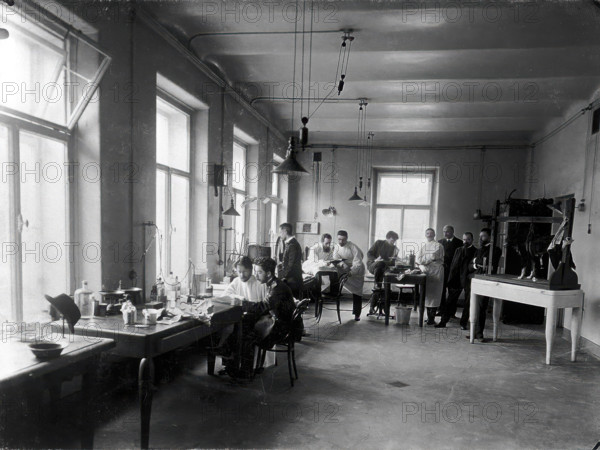 Ten members of staff studying and performing experiments on dogs in the Physiology..., 1904. Creator: Unknown.