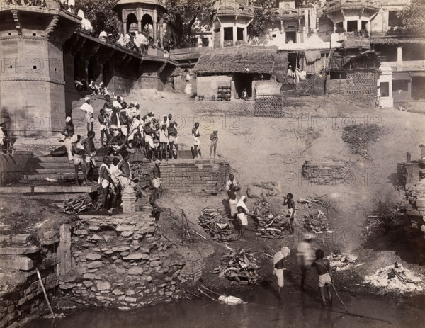 Benares (Varanasi), Uttar Pradesh: corpses being burned and consigned to the river Ganges, 19th cent Creator: Unknown.