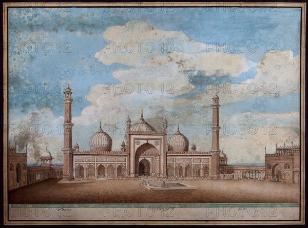 Delhi: Jama Masjid, exterior view of east facade, (1820?). Creator: Ghulam Ali Khan.