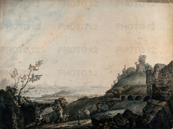 Ruins at Galetta, with lake Tunis in the distance, seen from Carthage, Tunisia, 1778. Creator: Charles Gulin.