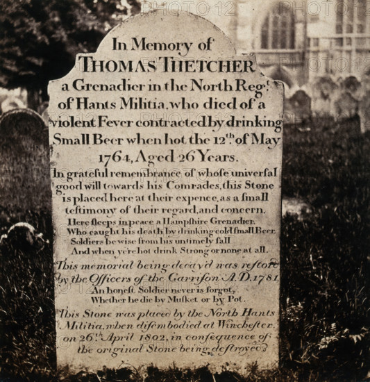 Winchester: tombstone of Thomas Thetcher, who "died of a violent fever contracted by..., 1800-1899. Creator: Unknown.