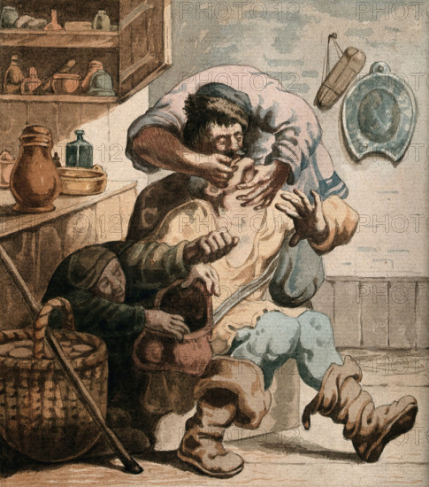 A tooth-drawer extracting a tooth from a seated patient while a woman steals from his bag, c1610s. Creator: Unknown.