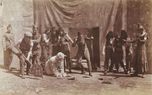 British airforce servicemen performing a sketch, striking an animated pose, 1918. Creator: Unknown.