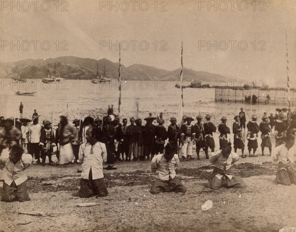 Kowloon, Hong Kong: five pirates awaiting beheading, while Chinese soldiers and dignitaries..., 1891 Creator: Unknown.