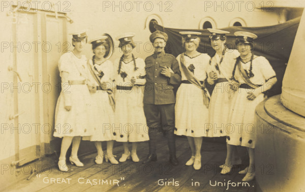 Seven sailors standing together on deck, 1918. Creator: Unknown.