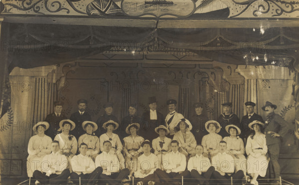 Men on a large stage set, [between 1910 and 1919 and between 1920 and 1929?]. Creator: Unknown.