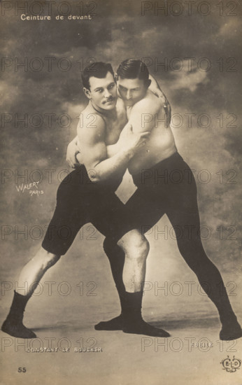 Two wrestlers facing off, late 19th-early 20th century. Creators: Count Stanislaw Walery, Walery.