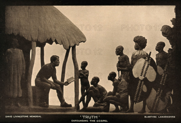 David Livingstone memorial in Blantyre; Livingstone reading the Bible..., c19th century. Creator: Unknown.
