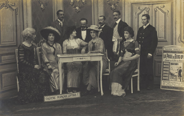 Actors performing French theatre at a prisoner of war camp in Cottbus, (between 1910 and 1919?). Creator: Unknown.