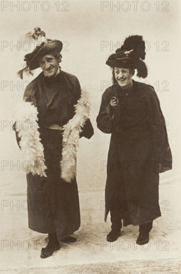 Dick Horn and Harry Brandon dressed as pantomime dames for the Bow Bells...(between 1910 and 1919?). Creator: Unknown.