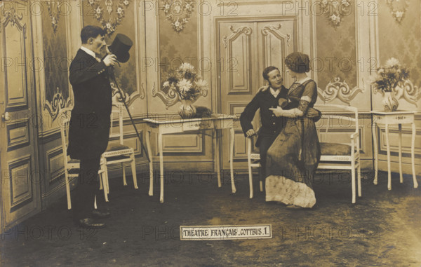 French prisoners of war, one in drag, performing a show at a prisoner of war camp in...(1910-1919?). Creator: Unknown.