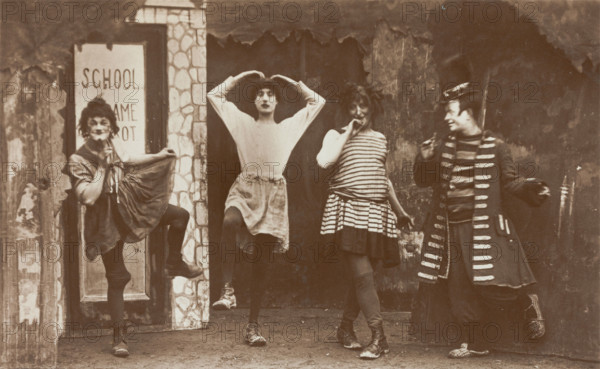Amateur actors, some in drag, performing in the troupe "The Goods", 1918. Creator: Unknown.