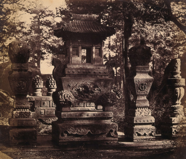 Near Beijing, China: interior of a tomb showing ornate monuments, 1860. Creator: Felice Beato.