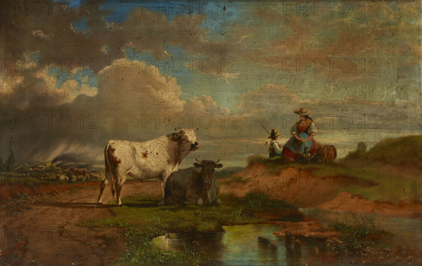 Landscape with a Shepherdess and Cattle, 4th quarter of 19th century. Creator: Eduard Hamman.
