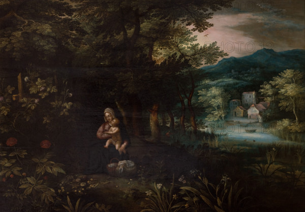 Landscape with the Scene of the Rest on the Flight into Egypt, 1st half of 17th century. Creator: Unknown.