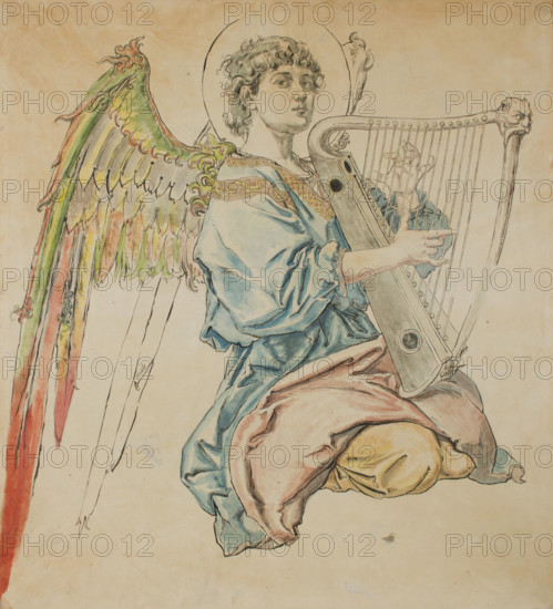 Cardboard for the Polychromy in the St Mary's Church-Figure of an Angel Playing..., 1888-1891. Creator: Jan Matejko.