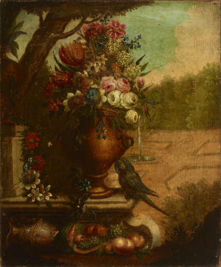 Still Life with Flowers and a Parrot, second half of 19th century. Creator: Unknown.