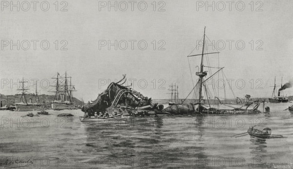 American battleship "Maine" after the explosion in the port of Havana on February 15, 1898, (1898).  Creator: Francisco Laporta Valor.