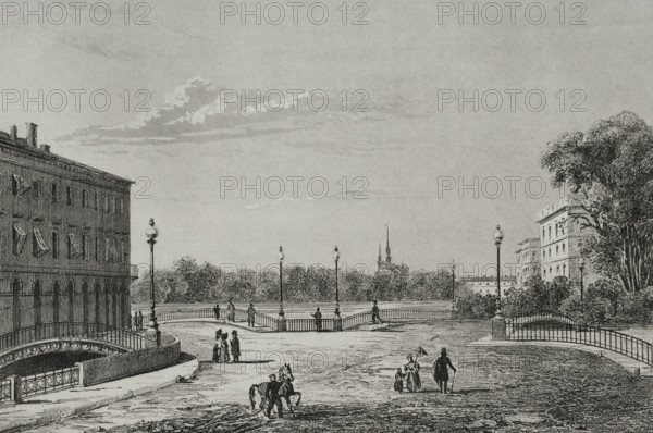 View of the Three Arches Bridge and the Field of Mars, Saint Petersburg, Russia, 1839. Creator: Augustin François Lemaitre.