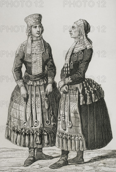 Mordvin women wearing traditional costumes, 1839. Creator: Augustin François Lemaitre.