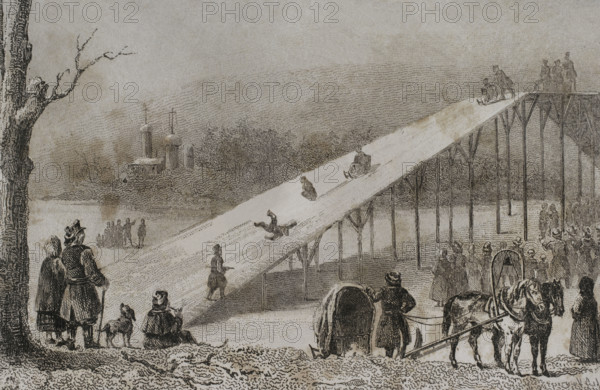 Roller coaster - ice slides, Russia, 1839. Creator: Augustin François Lemaitre.