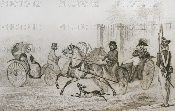 Droschki, Russia; small Russian carriage, 1839. Creator: Augustin François Lemaitre.