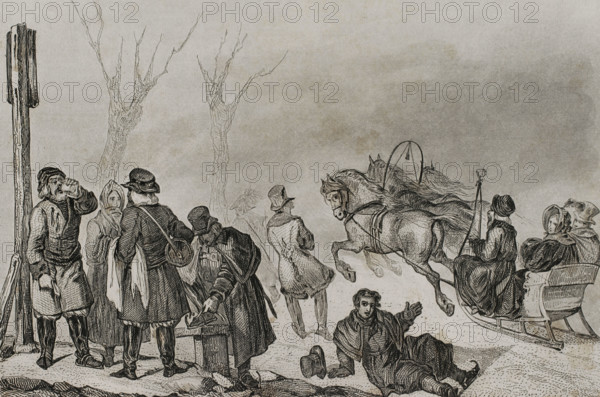 People on skates and on a horse drawn sleigh, Russia, 1839. Creator: Augustin François Lemaitre.