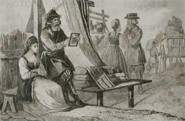 Russian merchant makes calculations by means of an abacus, 1839. Creator: Augustin François Lemaitre.