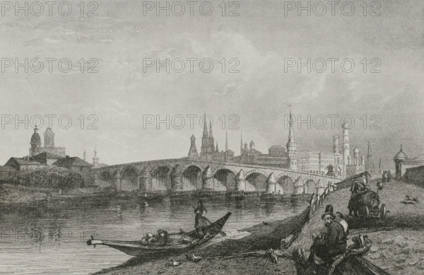 View of the first stone bridge, Moscow, Russia, 1839. Creator: Hippolyte Lalaisse.