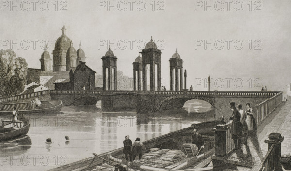 Trinity Church (Troitskoi Church) and bridge over Fontanka Canal, Saint Petersburg, Russia, 1839. Creator: Samuel Cholet.