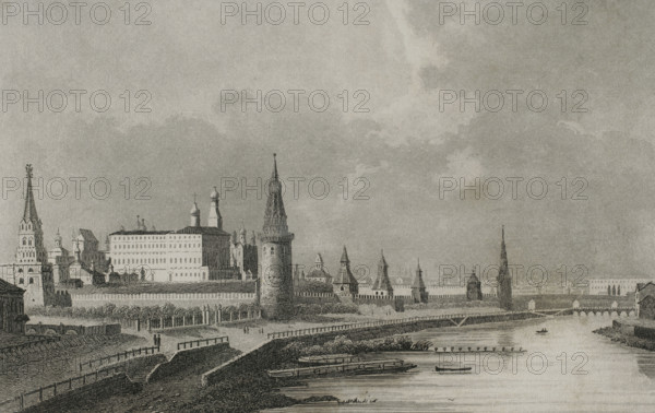 View of the Kremlin from the Stone Bridge, Moscow, Russia, 1839. Creator: Samuel Cholet.