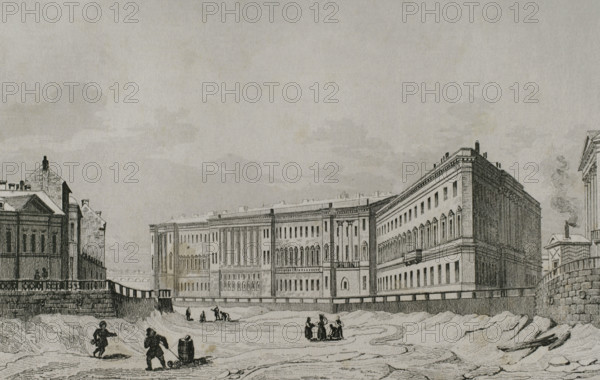 View of the General Staff Building on the bank of the Moyka River Canal, St Petersburg, Russia, 1839 Creator: Traversier.