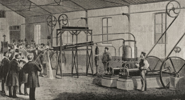 Liquefaction and solidification of hydrogen gas, December 1877 (1878). Creator: Ch. Baude.