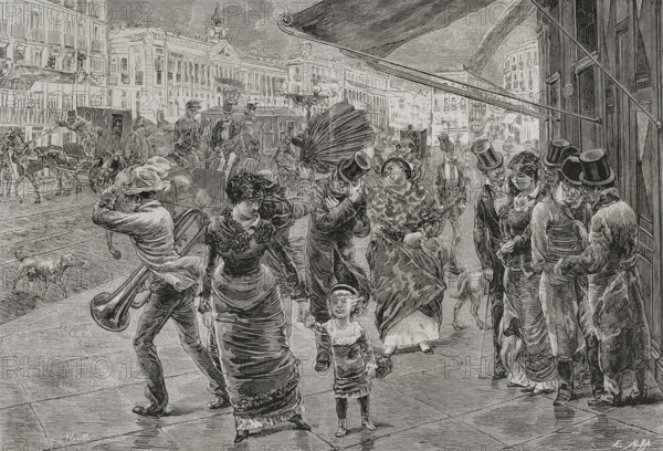 Puerta del Sol (Gate of the Sun), Madrid, 1878. People walking surprised by the wind.  Creator: Enrique Alba.
