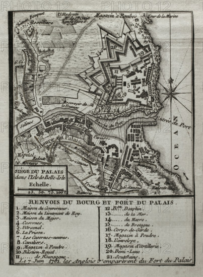 Seven Years War (1756-1763): Map of capture of Belle Isle (June 1761), 1765. Creator: Jean de Beaurain.