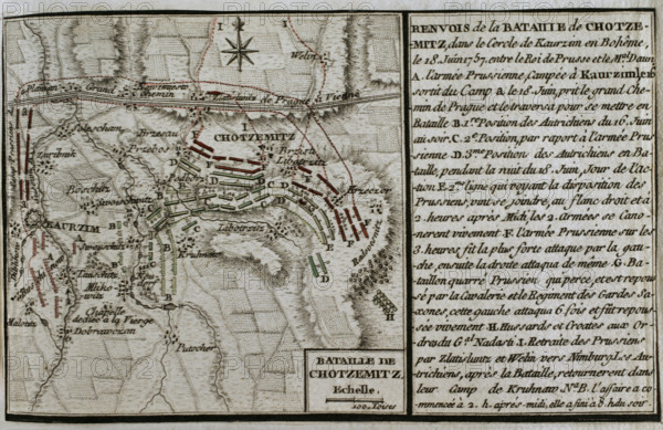 Seven Years War (1756-1763): Map of the Battle of Chotzemitz (18 June 1757), 1765. Creator: Jean de Beaurain.