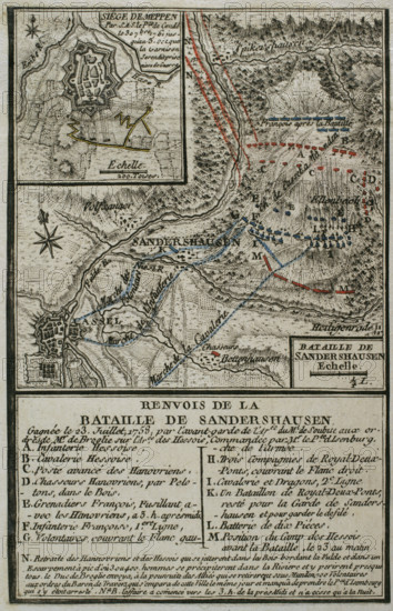 Plan of the Battle of Sandershausen, Germany (July 23, 1758), 1765. Creator: Jean de Beaurain.