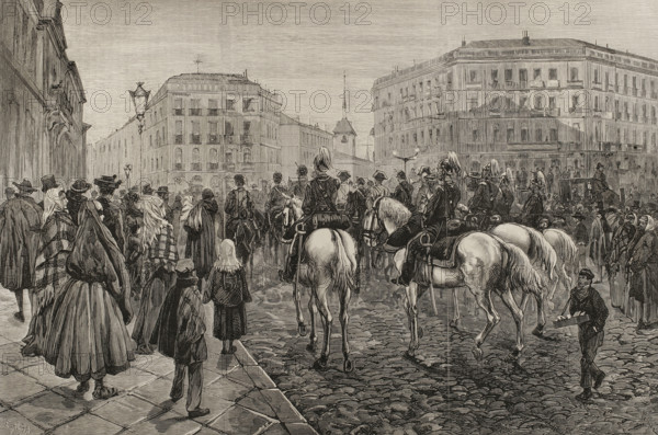Buglers playing military reveille, Madrid, Spain, on the day of the royal wedding, 1878. Creator: Enrique Alba.