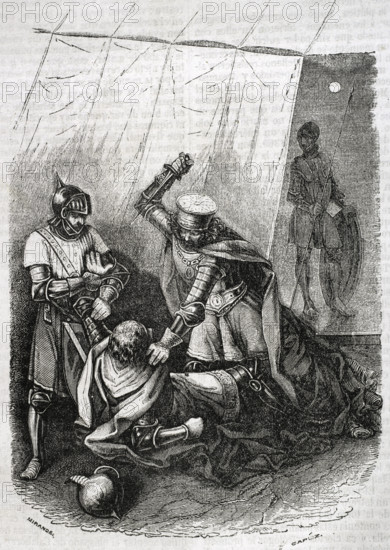 Beltrán Duguesclín and the king's half-brother, Enrique de Trastámara, stabbing King Pedro..., 1852. Creator: Tomás Carlos Capuz.