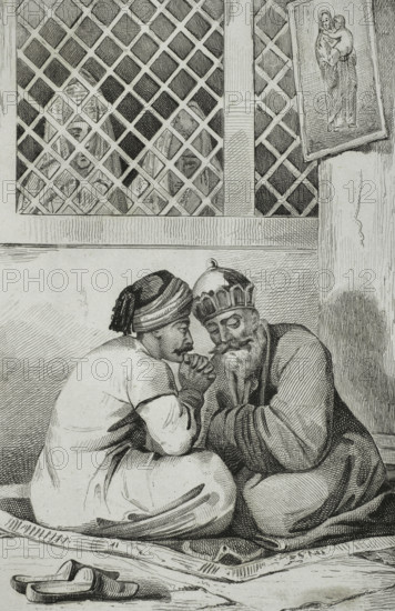 Armenian bishop confessing to a faithful, 1838. Creators: Unknown, Francois Pigeot.