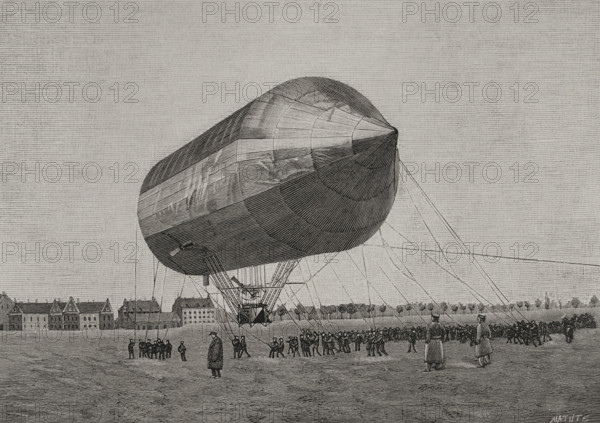 Aerostation flight test with an aluminum airship, held at Tempelhof, nr Berlin, on Nov 3 1897,1898. Creator: Benigno Matute Parga.