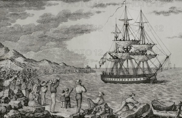 Smallpox vaccination expedition leaving the port of La Coruña, Galicia, Spain, 1803, (1851).  Creator: Unknown.