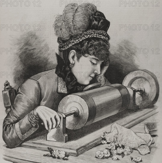 A "prima donna" singing by using Edison's phonograph receiver, 1878. Creator: Unknown.