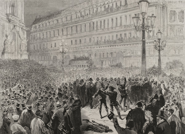 The Spanish Estudiantina - Serenade in the Opera Square, March 7, 1878, Paris Carnival of 1878. Creator: Unknown.