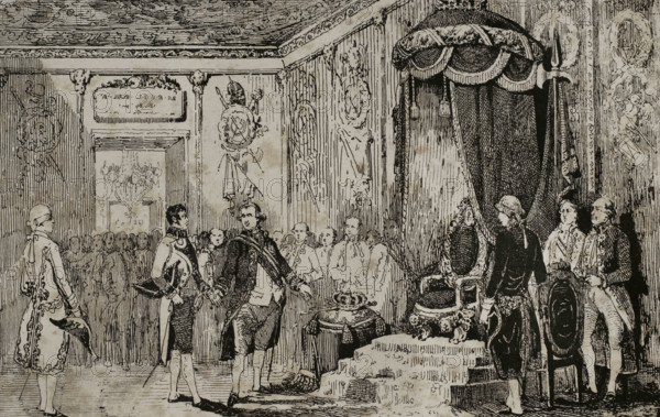 Abdication of King Charles IV in favour of his son Ferdinand VII, March 19, 1808, (1851).   Creator: Unknown.