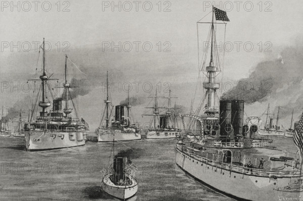 Spanish-American War (1898): from left to right: USS Texas, USS Cushing and USS Indiana, 1898. Creator: Enrique Laporta Valor.
